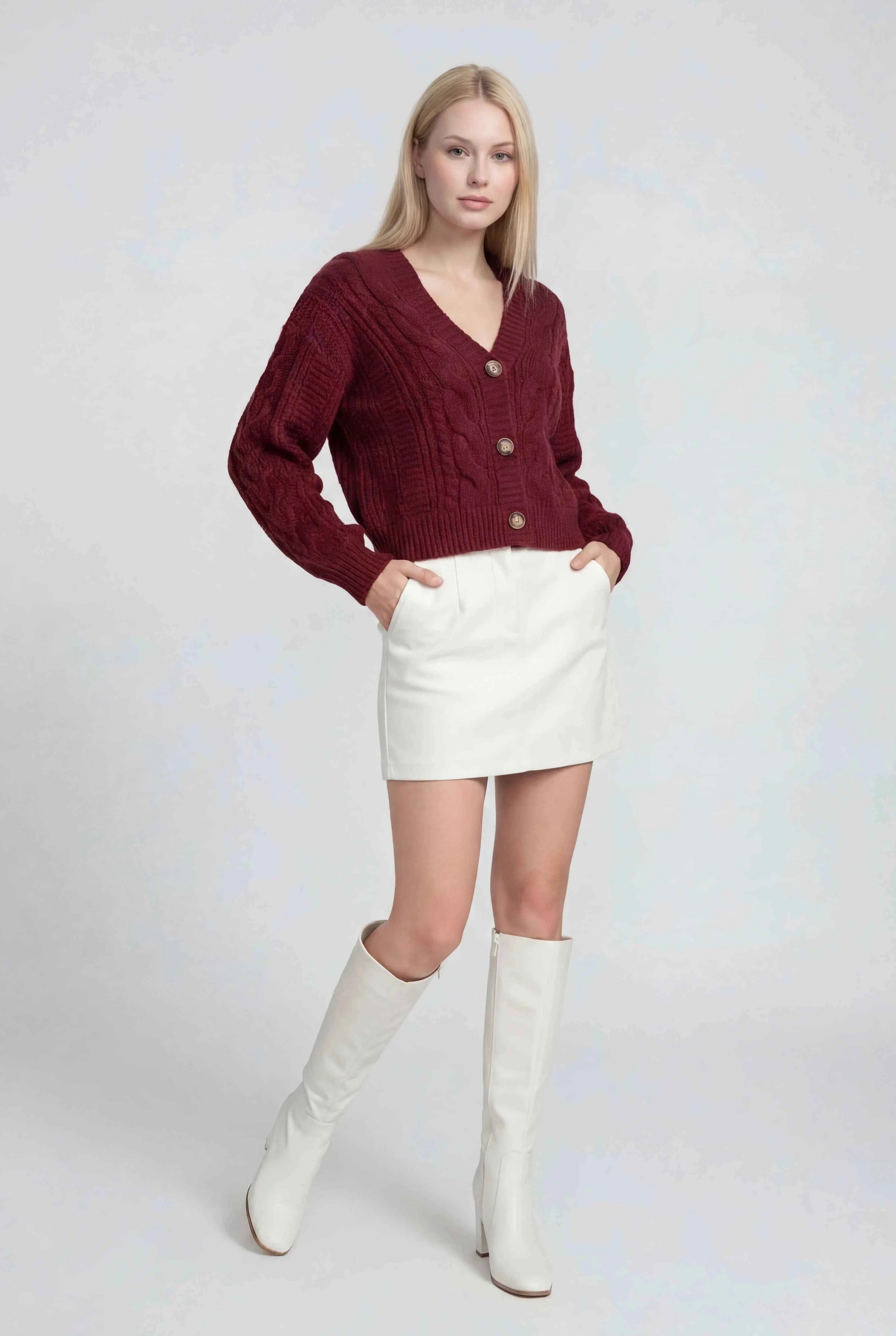 Victoria | Cozy Red Long Cardigan with Ribbed Details - Lumina