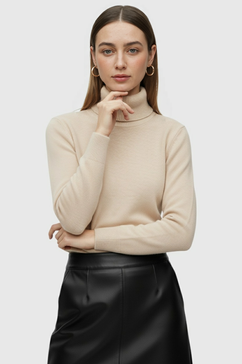 Victoria | Elegant Beige Slim Fit Turtleneck Sweater for Winter - Lumina