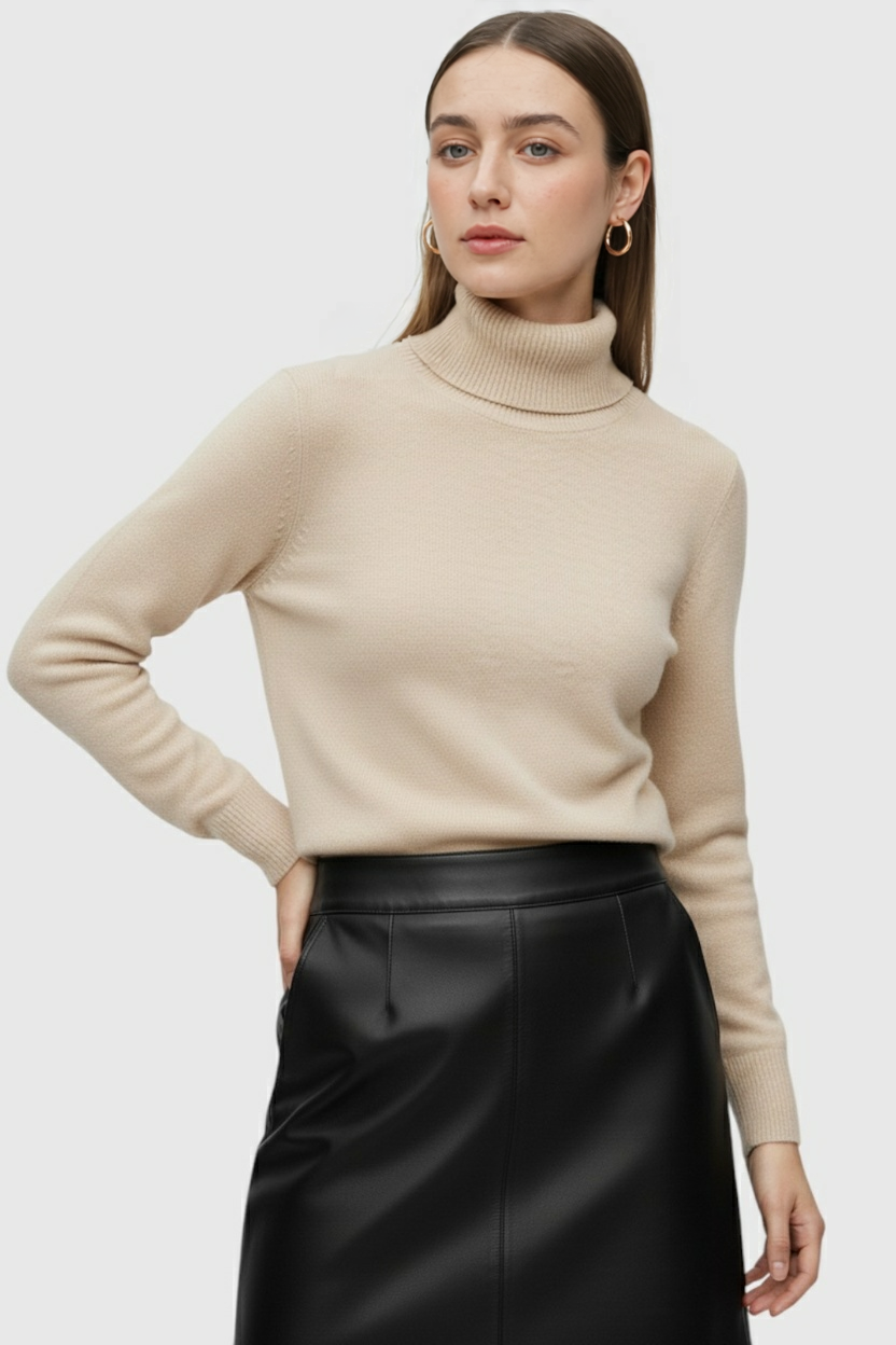 Victoria | Elegant Beige Slim Fit Turtleneck Sweater for Winter - Lumina