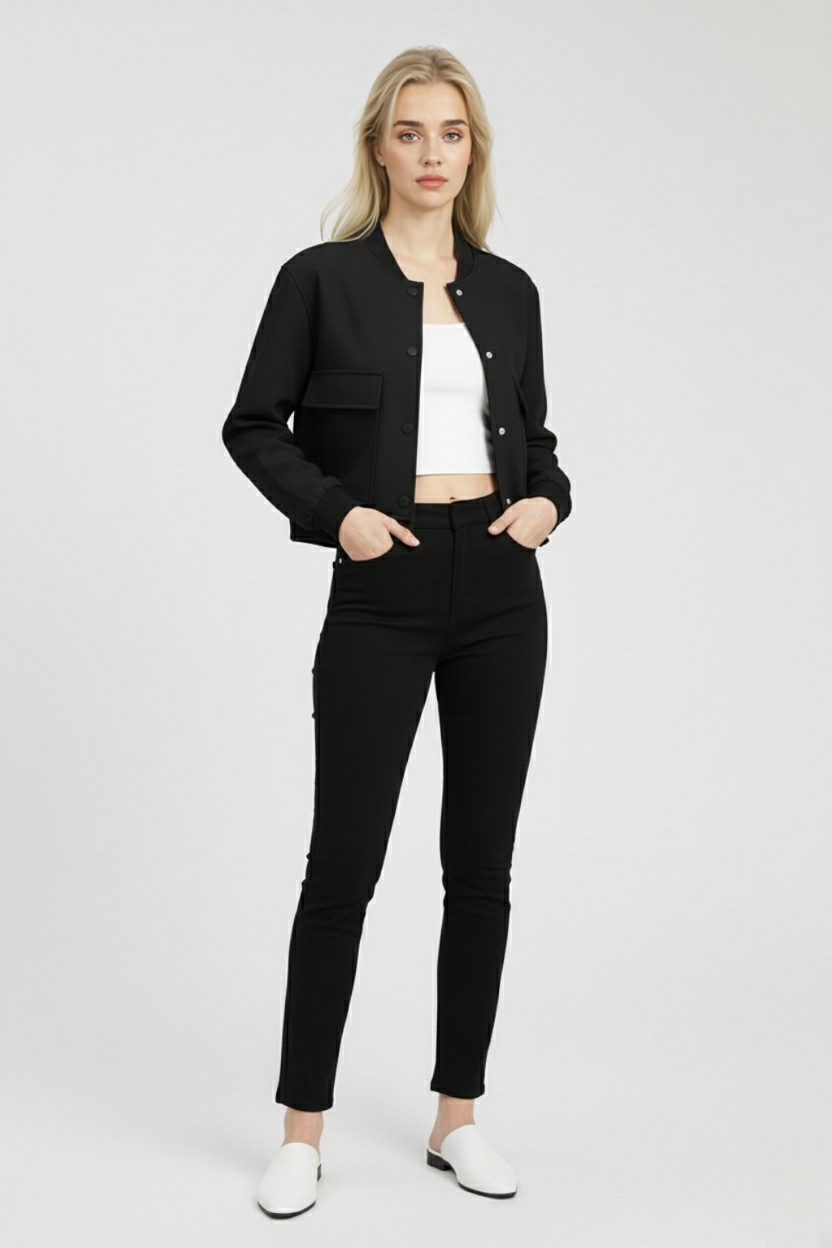 Victoria | Elegant Black Bomber Jacket with Timeless Design - Lumina