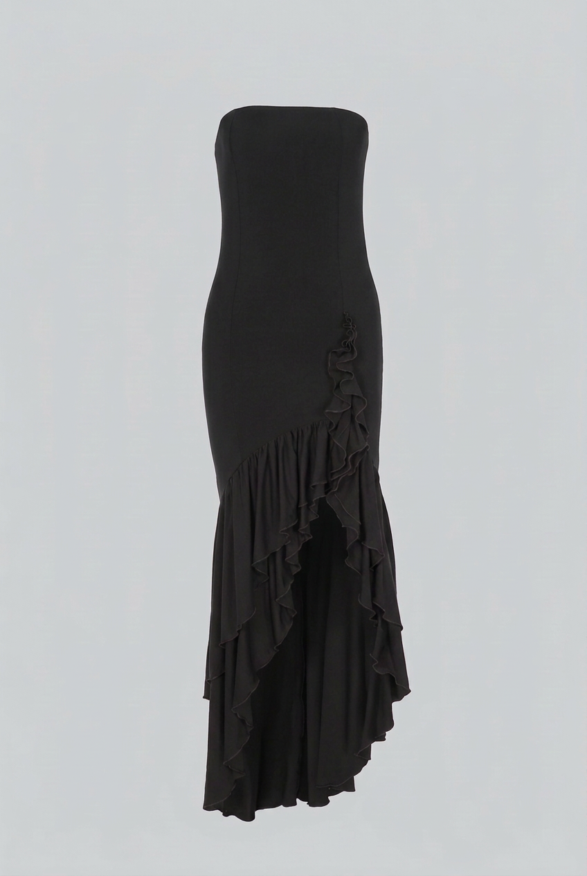 Victoria | Elegant Black Maxi Dress with Asymmetrical Ruffle - Lumina