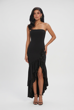 Victoria | Elegant Black Maxi Dress with Asymmetrical Ruffle - Lumina