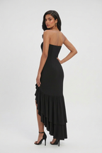 Victoria | Elegant Black Maxi Dress with Asymmetrical Ruffle - Lumina