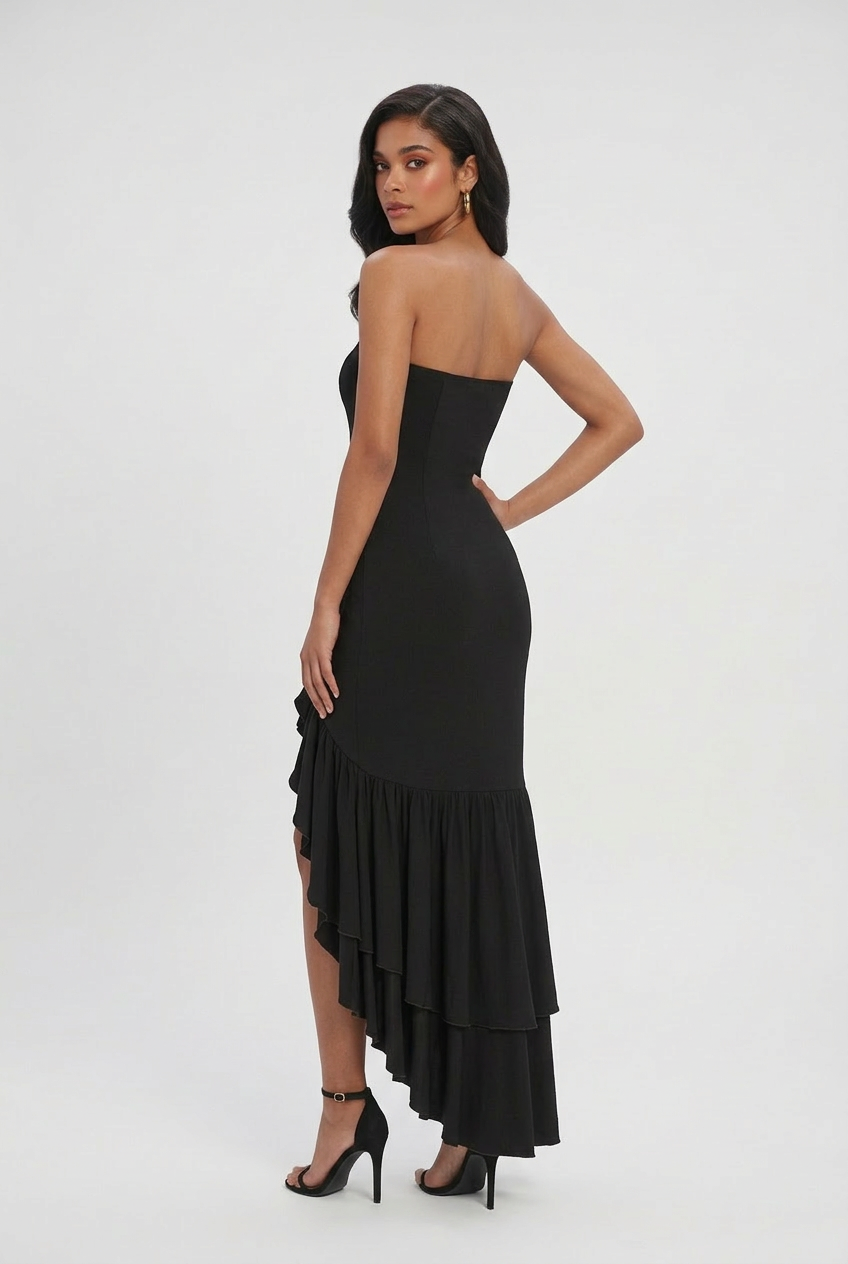 Victoria | Elegant Black Maxi Dress with Asymmetrical Ruffle - Lumina