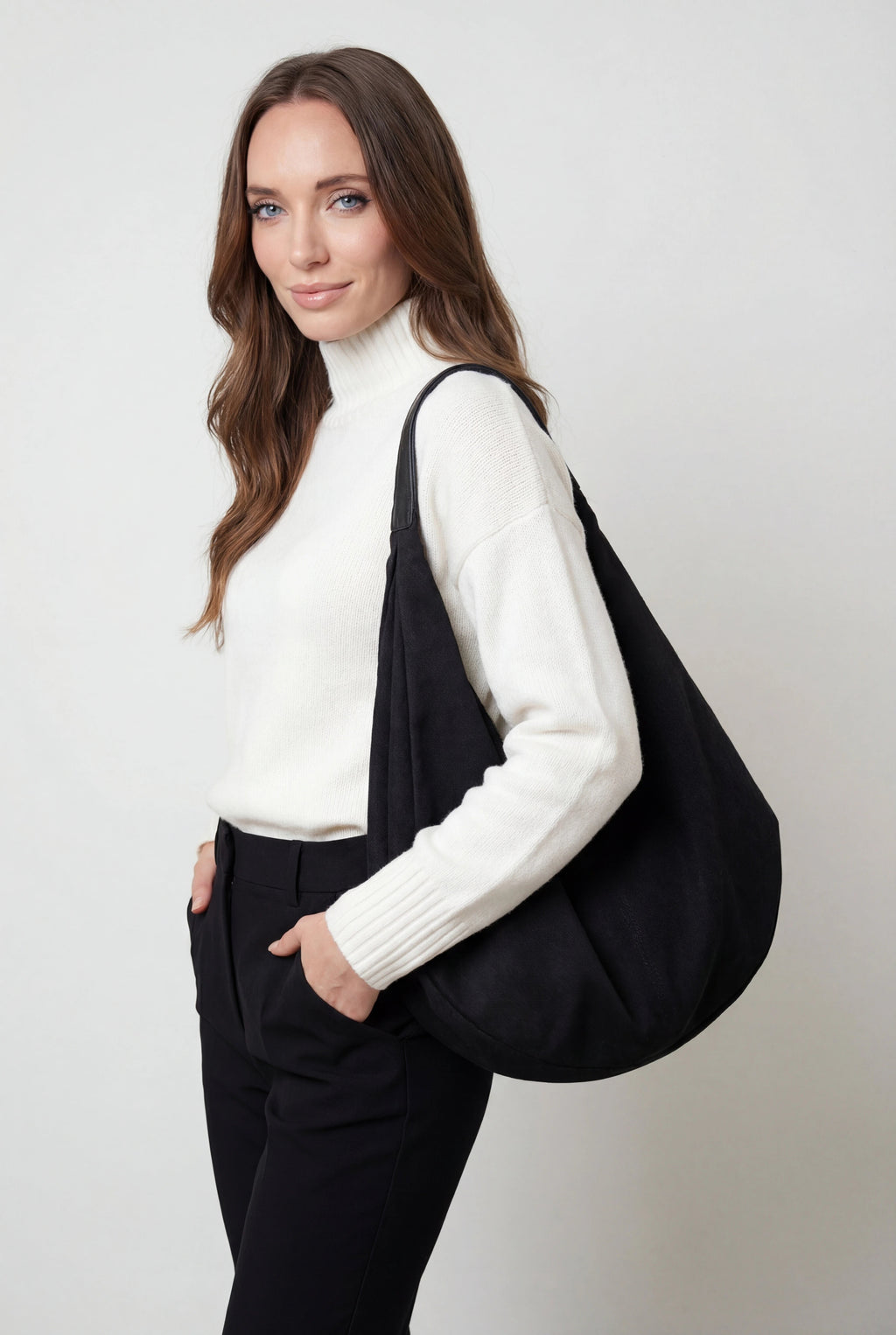 Victoria | Elegant Black Suede Hobo Handbag with Multiple Pockets - Lumina