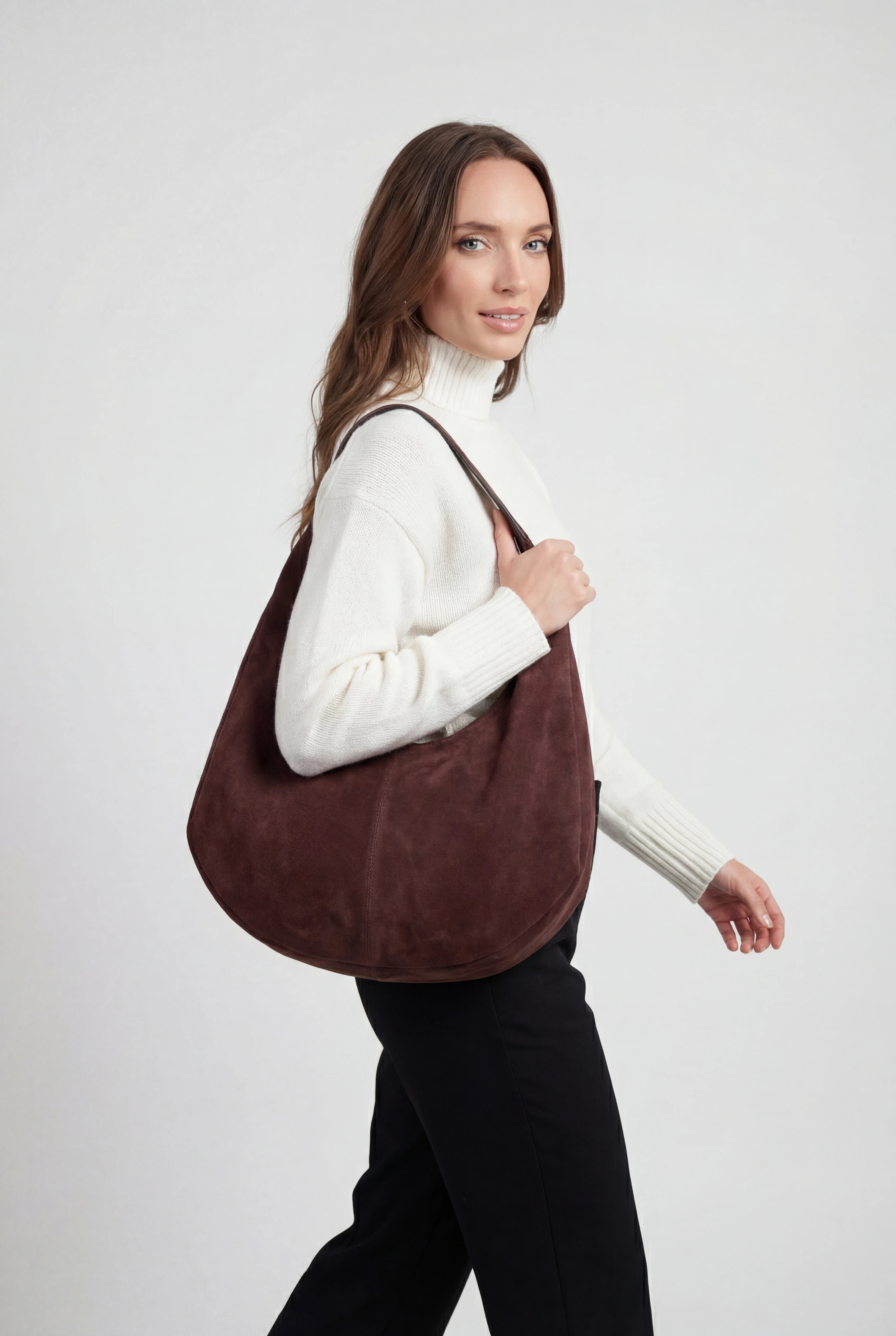 Victoria | Elegant Black Suede Hobo Handbag with Multiple Pockets - Lumina