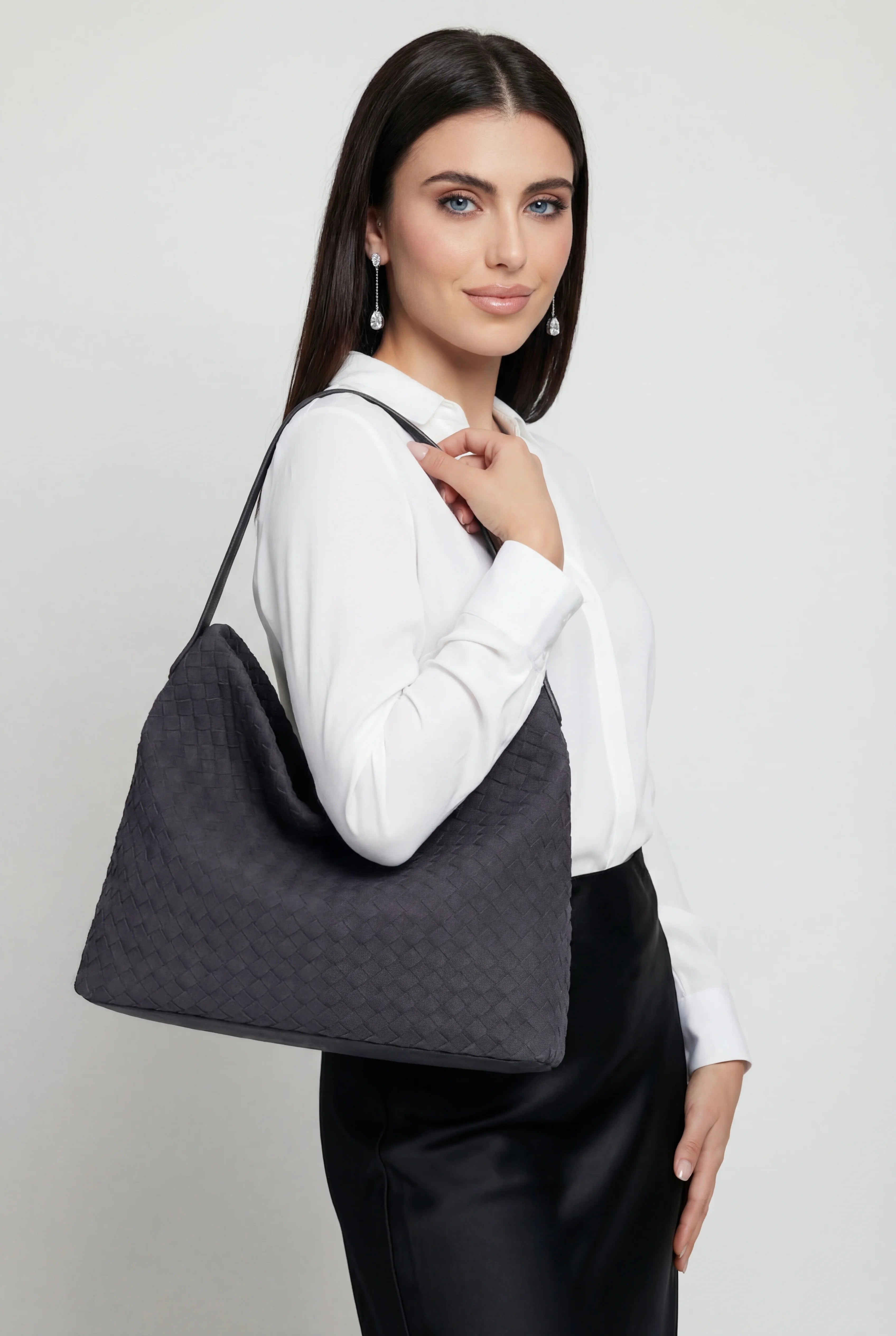 Victoria | Elegant Black Suede Tote Bag with Roomy Design - Lumina