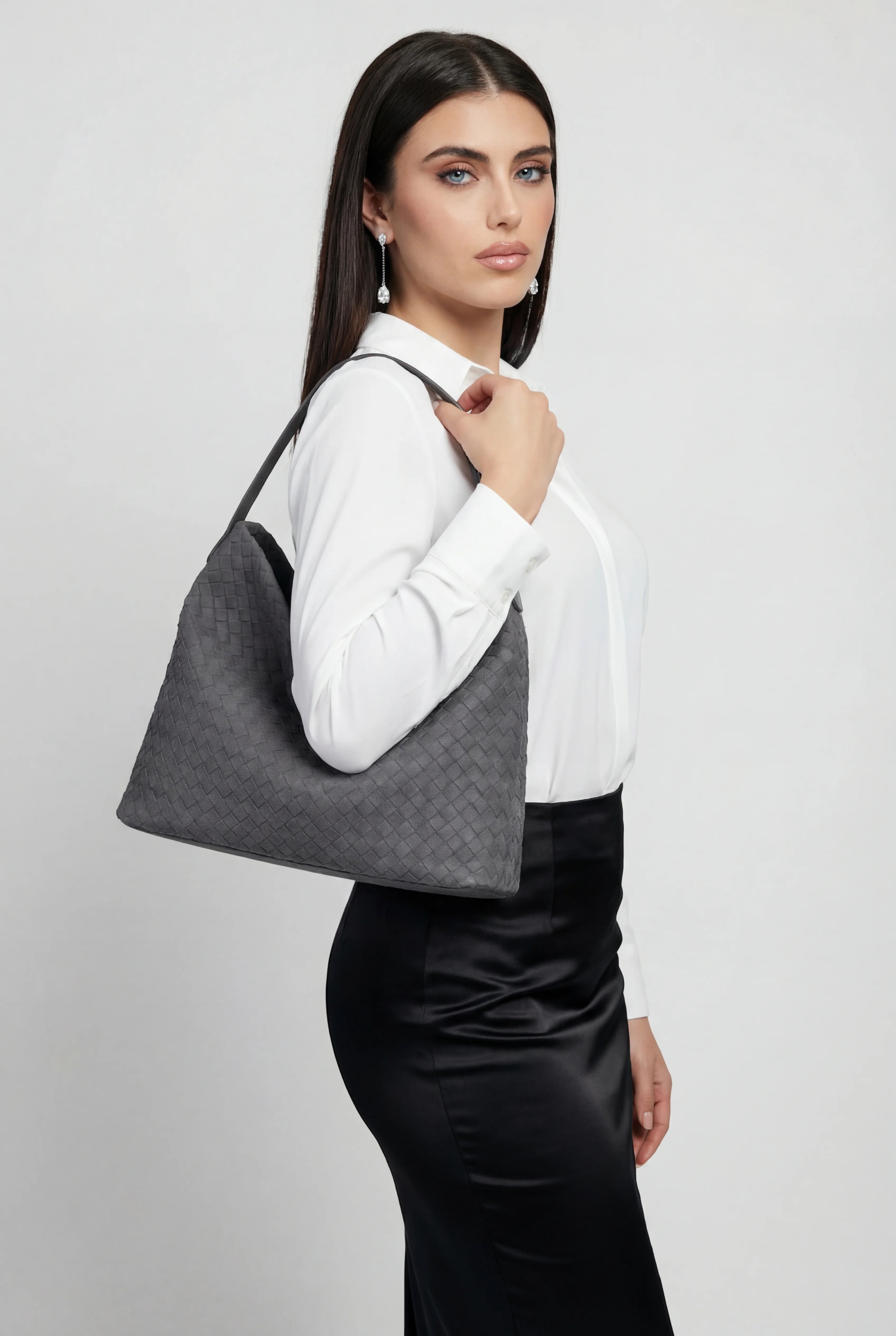 Victoria | Elegant Black Suede Tote Bag with Roomy Design - Lumina