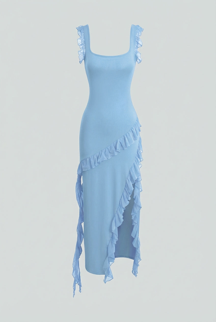 Victoria | Elegant Blue Evening Maxi Dress with High Slit - Lumina
