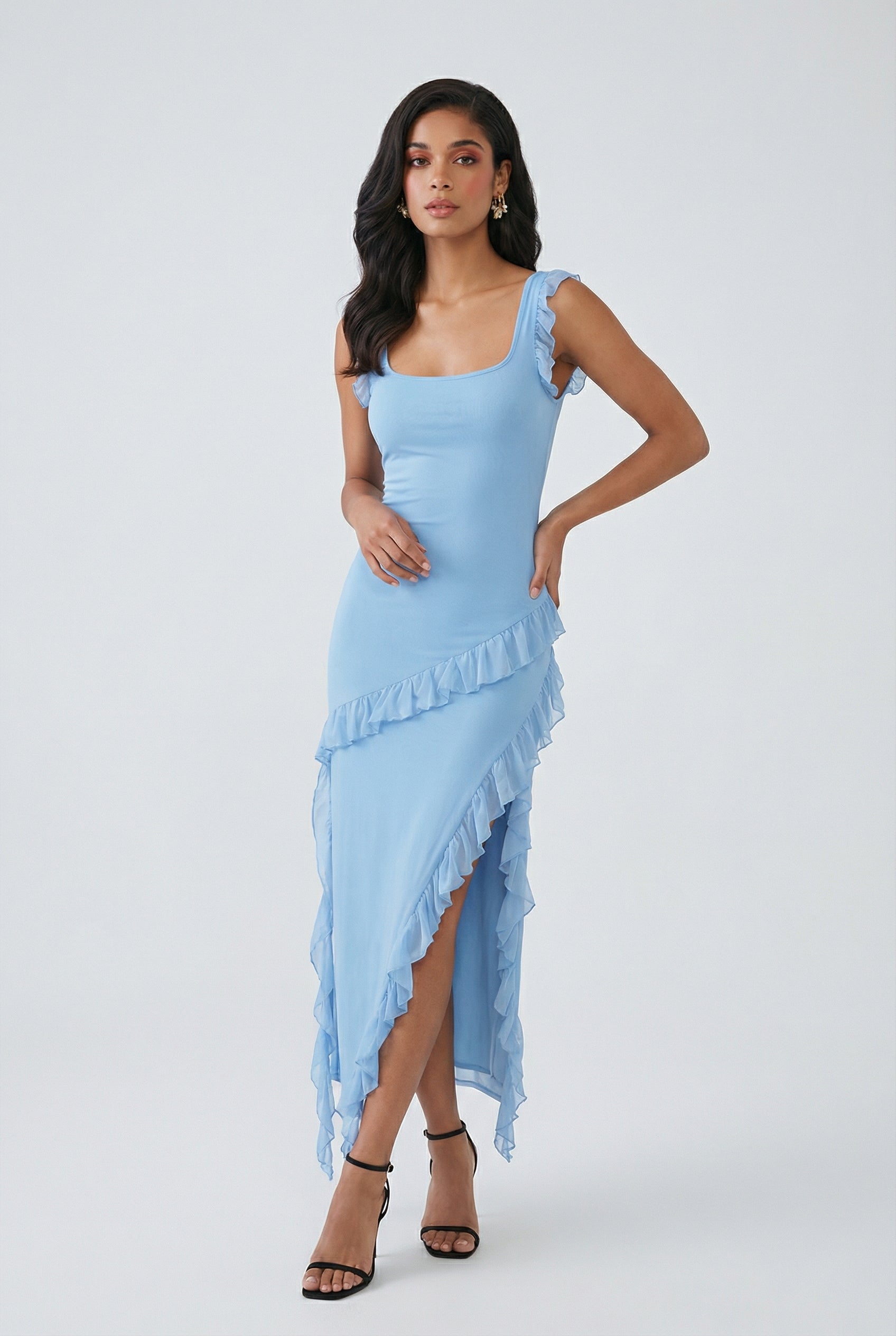 Victoria | Elegant Blue Evening Maxi Dress with High Slit - Lumina