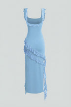 Victoria | Elegant Blue Evening Maxi Dress with High Slit - Lumina