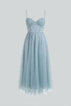 Victoria | Elegant Blue Midi Wedding Guest Dress with Flattering Silhouette - Lumina