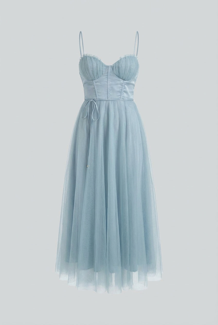 Victoria | Elegant Blue Midi Wedding Guest Dress with Flattering Silhouette - Lumina
