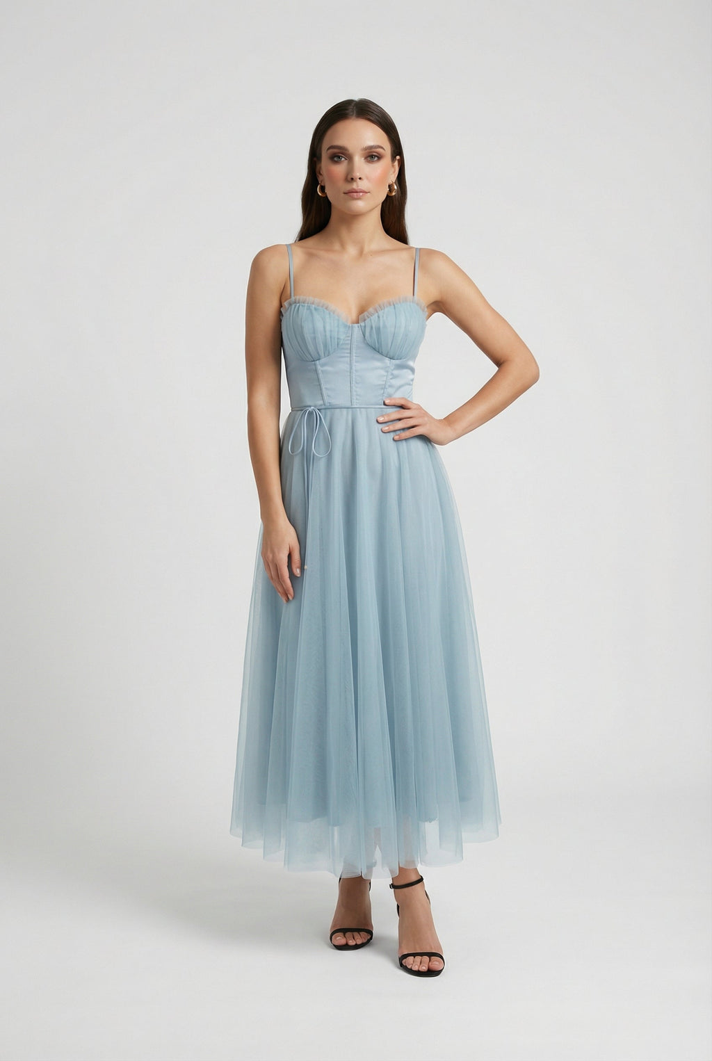 Victoria | Elegant Blue Midi Wedding Guest Dress with Flattering Silhouette - Lumina