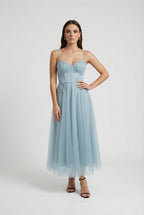 Victoria | Elegant Blue Midi Wedding Guest Dress with Flattering Silhouette - Lumina