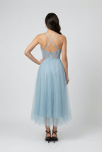 Victoria | Elegant Blue Midi Wedding Guest Dress with Flattering Silhouette - Lumina