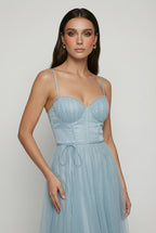 Victoria | Elegant Blue Midi Wedding Guest Dress with Flattering Silhouette - Lumina