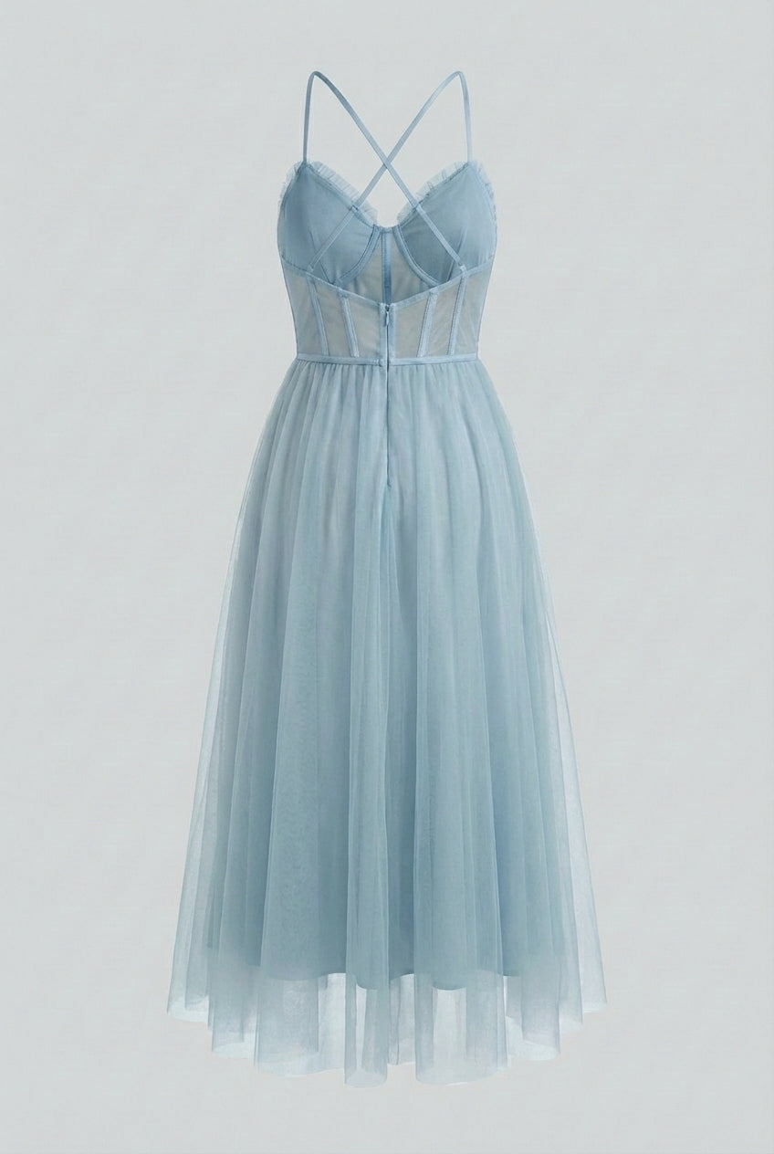 Victoria | Elegant Blue Midi Wedding Guest Dress with Flattering Silhouette - Lumina