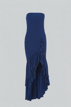 Victoria | Elegant Blue Strapless Dress with Asymmetrical Ruffle - Lumina