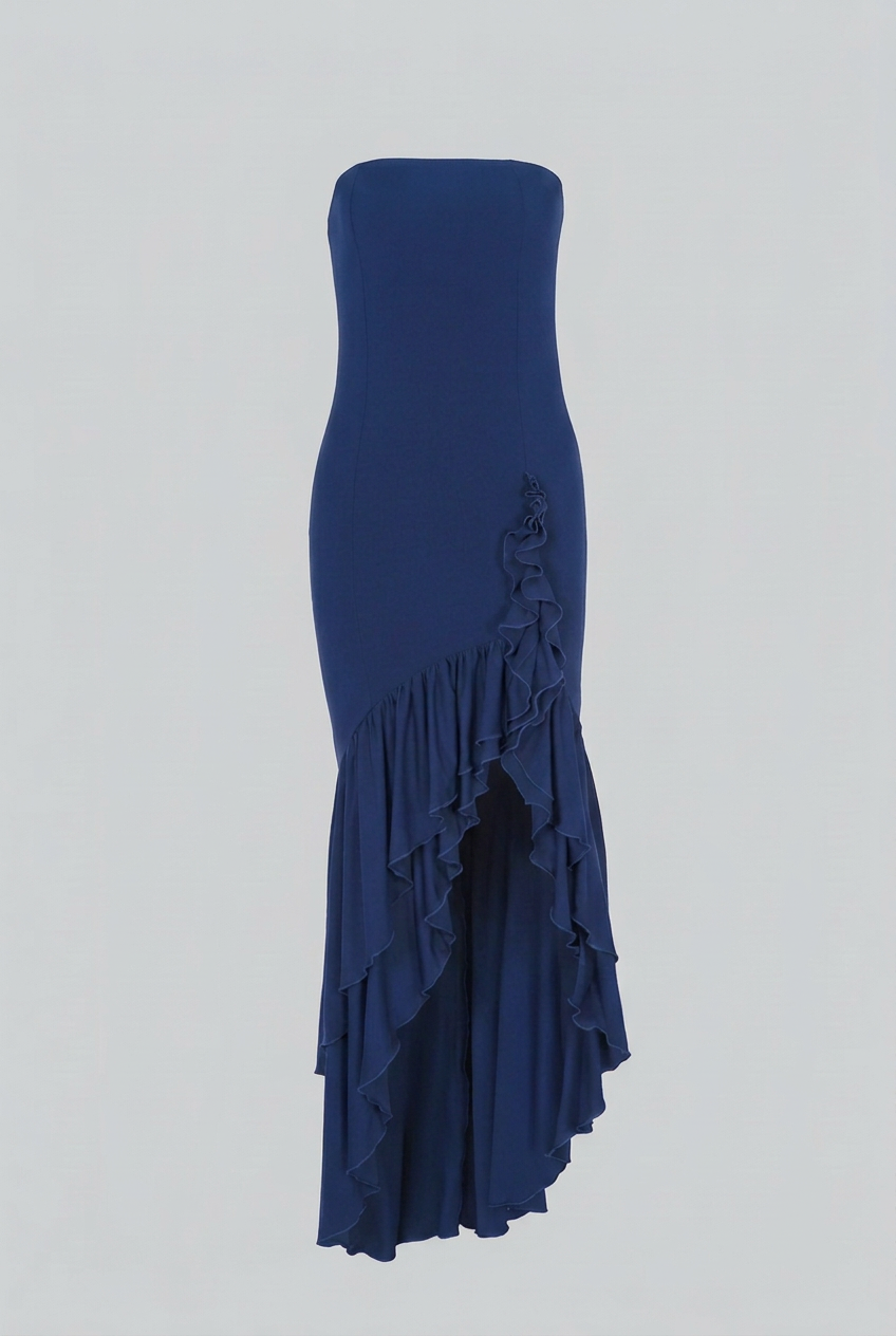 Victoria | Elegant Blue Strapless Dress with Asymmetrical Ruffle - Lumina