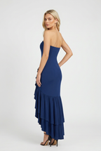 Victoria | Elegant Blue Strapless Dress with Asymmetrical Ruffle - Lumina