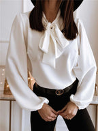 Victoria | Elegant Bow Tie Blouse with Puffed Sleeves - Lumina