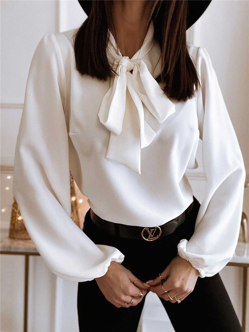 Victoria | Elegant Bow Tie Blouse with Puffed Sleeves - Lumina