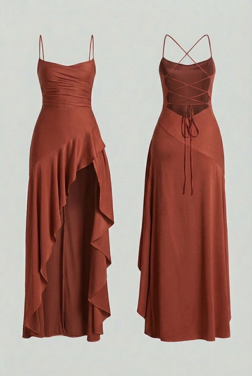 Victoria | Elegant Brick Red Dress with Lace-Up Back - Lumina