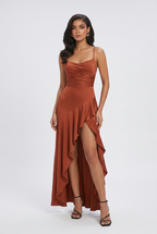 Victoria | Elegant Brick Red Dress with Lace-Up Back - Lumina