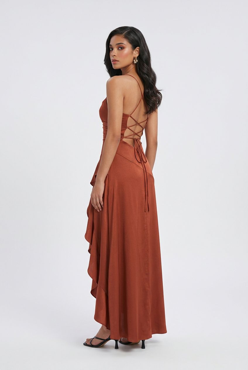 Victoria | Elegant Brick Red Dress with Lace-Up Back - Lumina