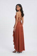 Victoria | Elegant Brick Red Dress with Lace-Up Back - Lumina