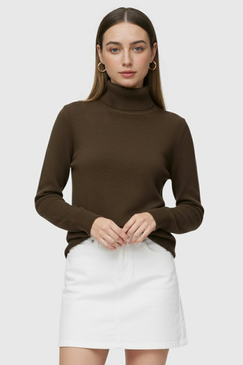 Victoria | Elegant Brown Turtleneck Sweater with Slim Fit - Lumina