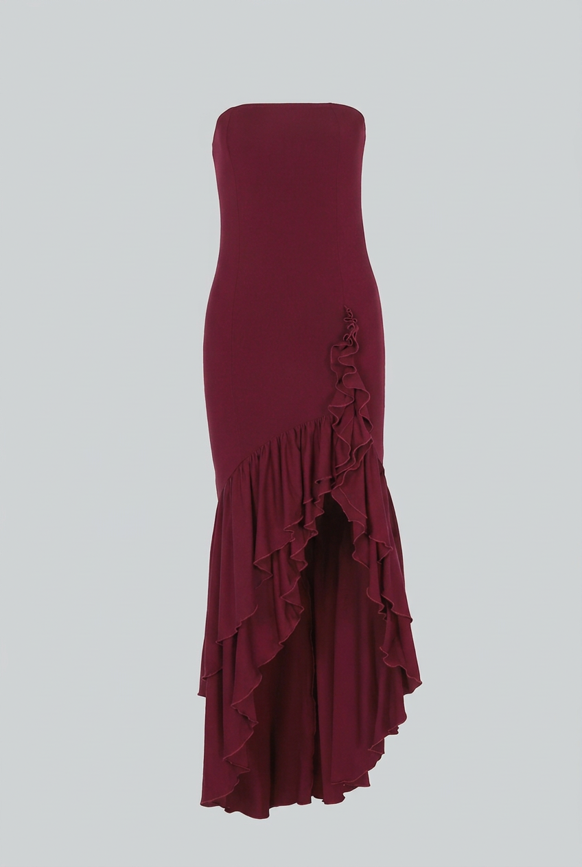 Victoria | Elegant Burgundy Strapless Dress with Asymmetrical Ruffle - Lumina