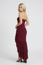 Victoria | Elegant Burgundy Strapless Dress with Asymmetrical Ruffle - Lumina
