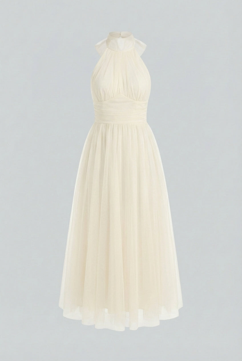 Victoria | Elegant Cream Midi Dress with Flowy Design - Lumina