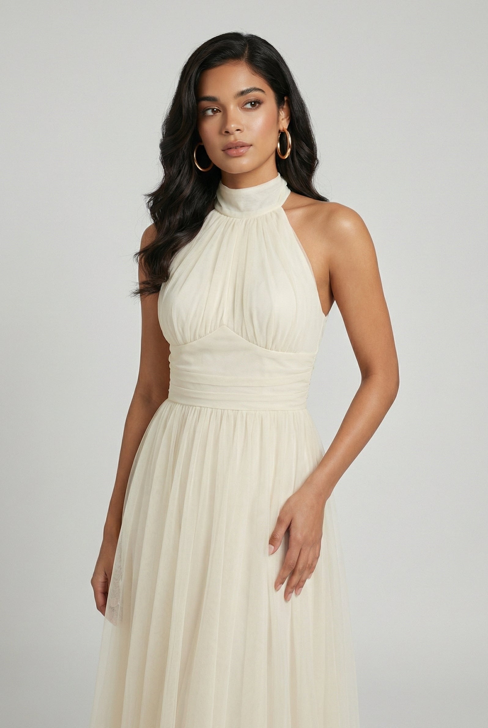Victoria | Elegant Cream Midi Dress with Flowy Design - Lumina
