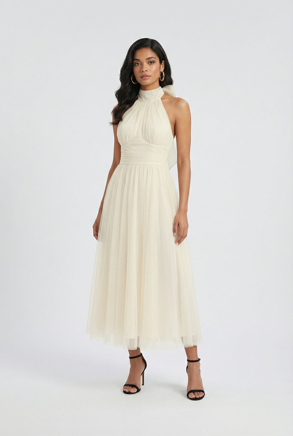 Victoria | Elegant Cream Midi Dress with Flowy Design - Lumina