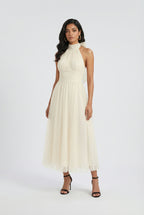Victoria | Elegant Cream Midi Dress with Flowy Design - Lumina