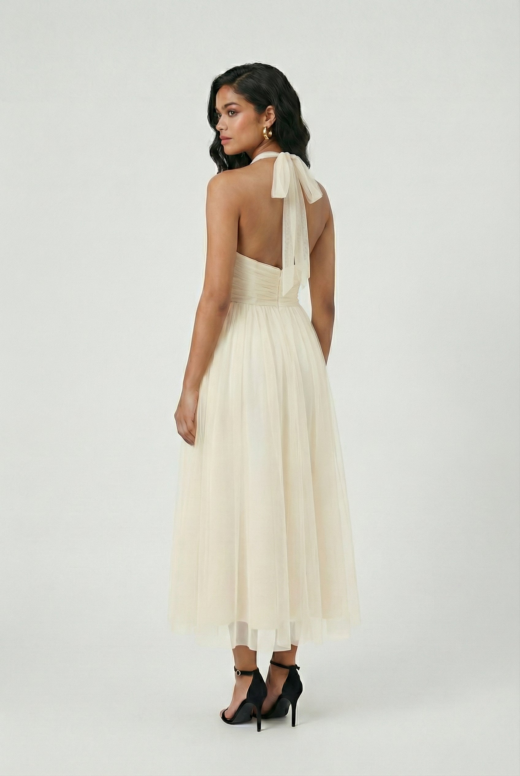 Victoria | Elegant Cream Midi Dress with Flowy Design - Lumina
