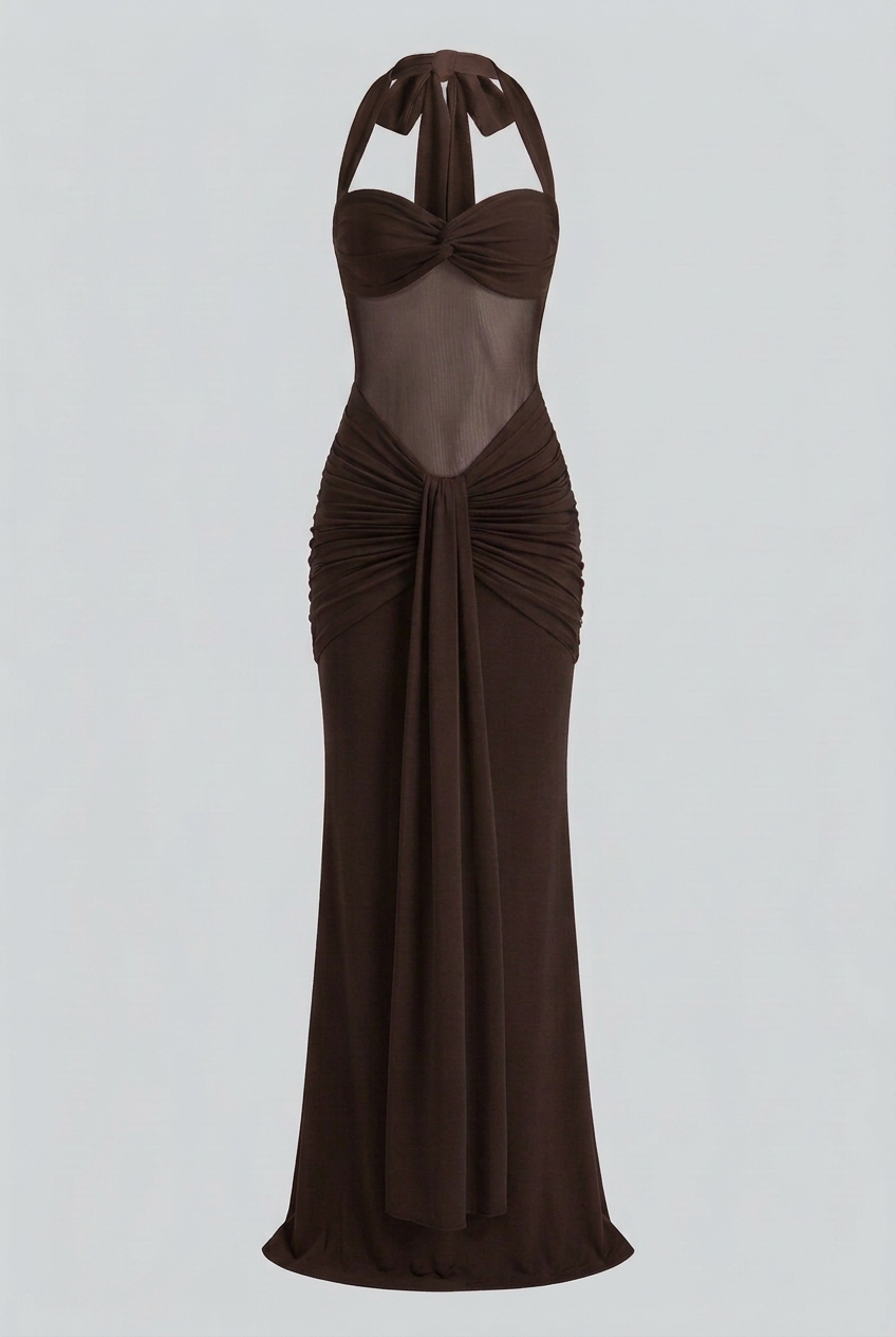 Victoria | Elegant Dark Brown Halter Cocktail Dress with Flattering Silhouette - Lumina