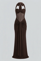Victoria | Elegant Dark Brown Halter Cocktail Dress with Flattering Silhouette - Lumina