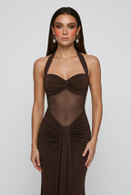 Victoria | Elegant Dark Brown Halter Cocktail Dress with Flattering Silhouette - Lumina