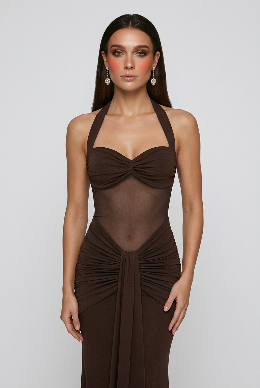 Victoria | Elegant Dark Brown Halter Cocktail Dress with Flattering Silhouette - Lumina