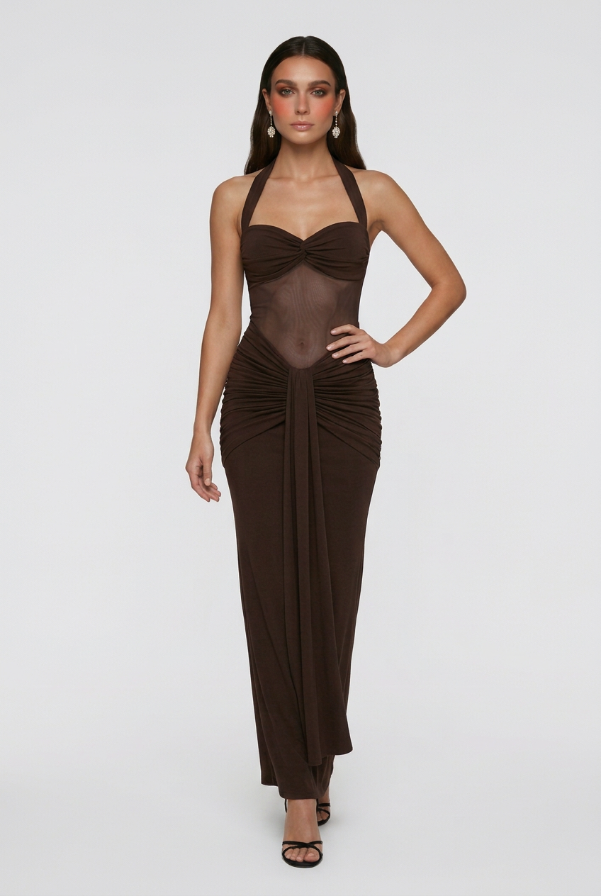 Victoria | Elegant Dark Brown Halter Cocktail Dress with Flattering Silhouette - Lumina