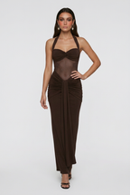 Victoria | Elegant Dark Brown Halter Cocktail Dress with Flattering Silhouette - Lumina