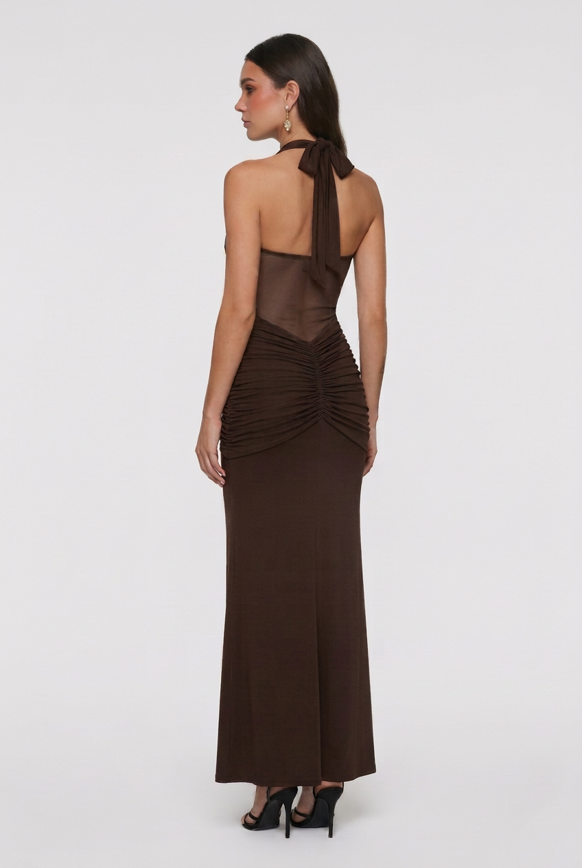 Victoria | Elegant Dark Brown Halter Cocktail Dress with Flattering Silhouette - Lumina