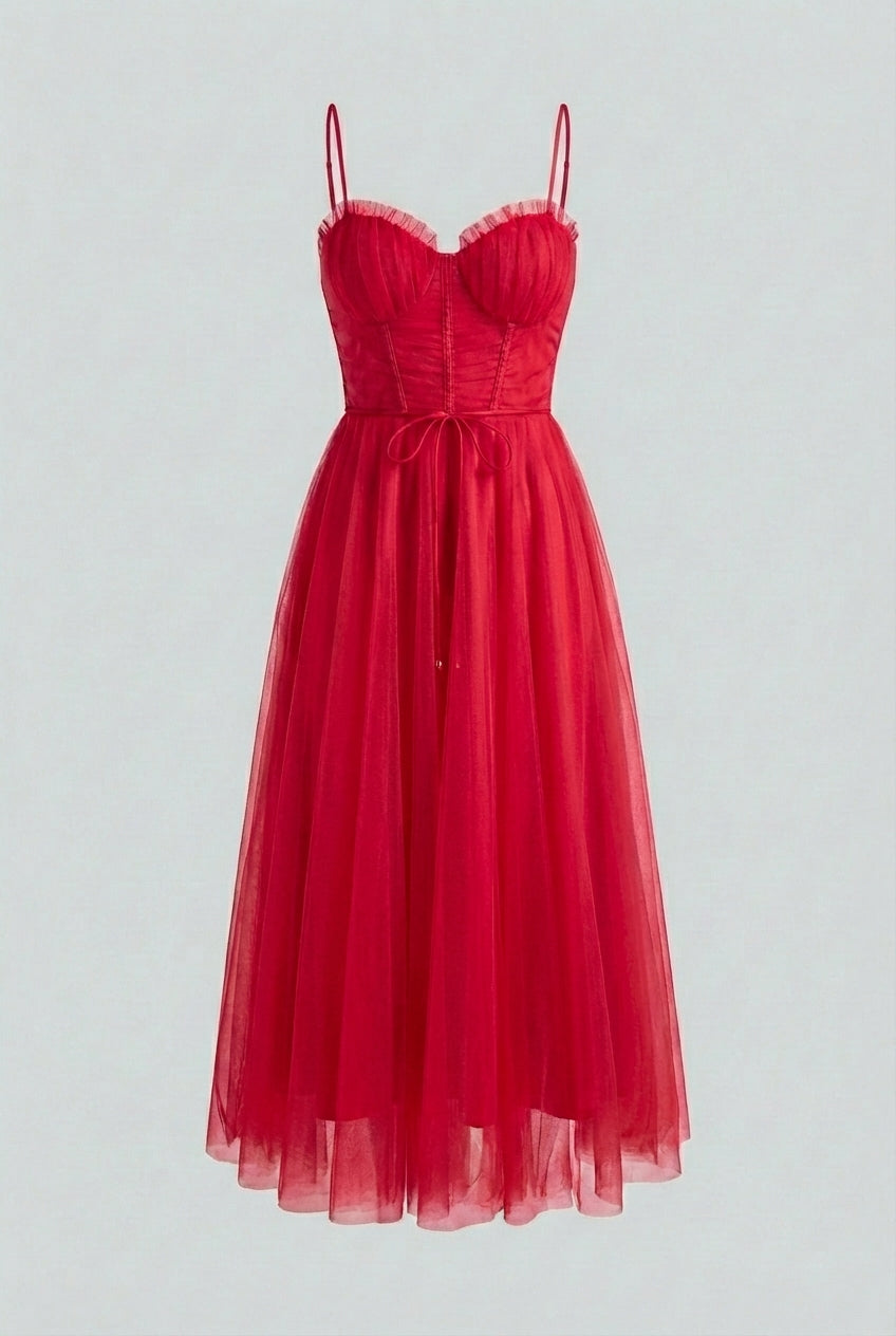 Victoria | Elegant Flowy A-Line Midi Dress in Red - Lumina