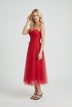 Victoria | Elegant Flowy A-Line Midi Dress in Red - Lumina