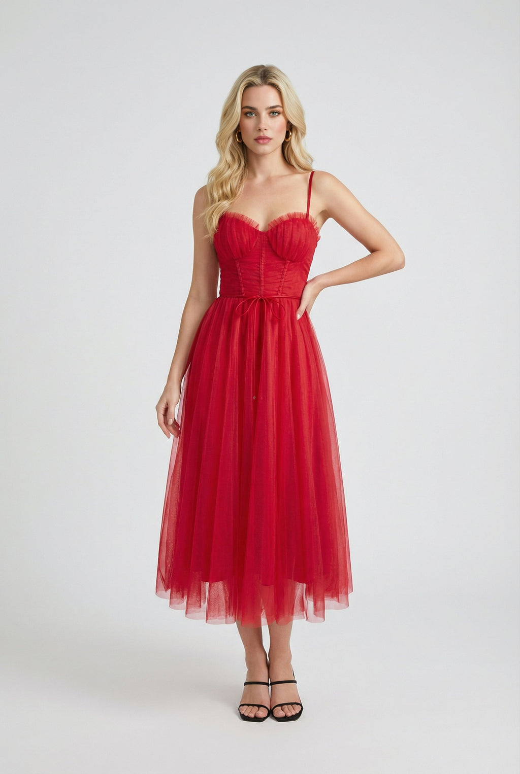 Victoria | Elegant Flowy A-Line Midi Dress in Red - Lumina