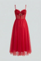 Victoria | Elegant Flowy A-Line Midi Dress in Red - Lumina